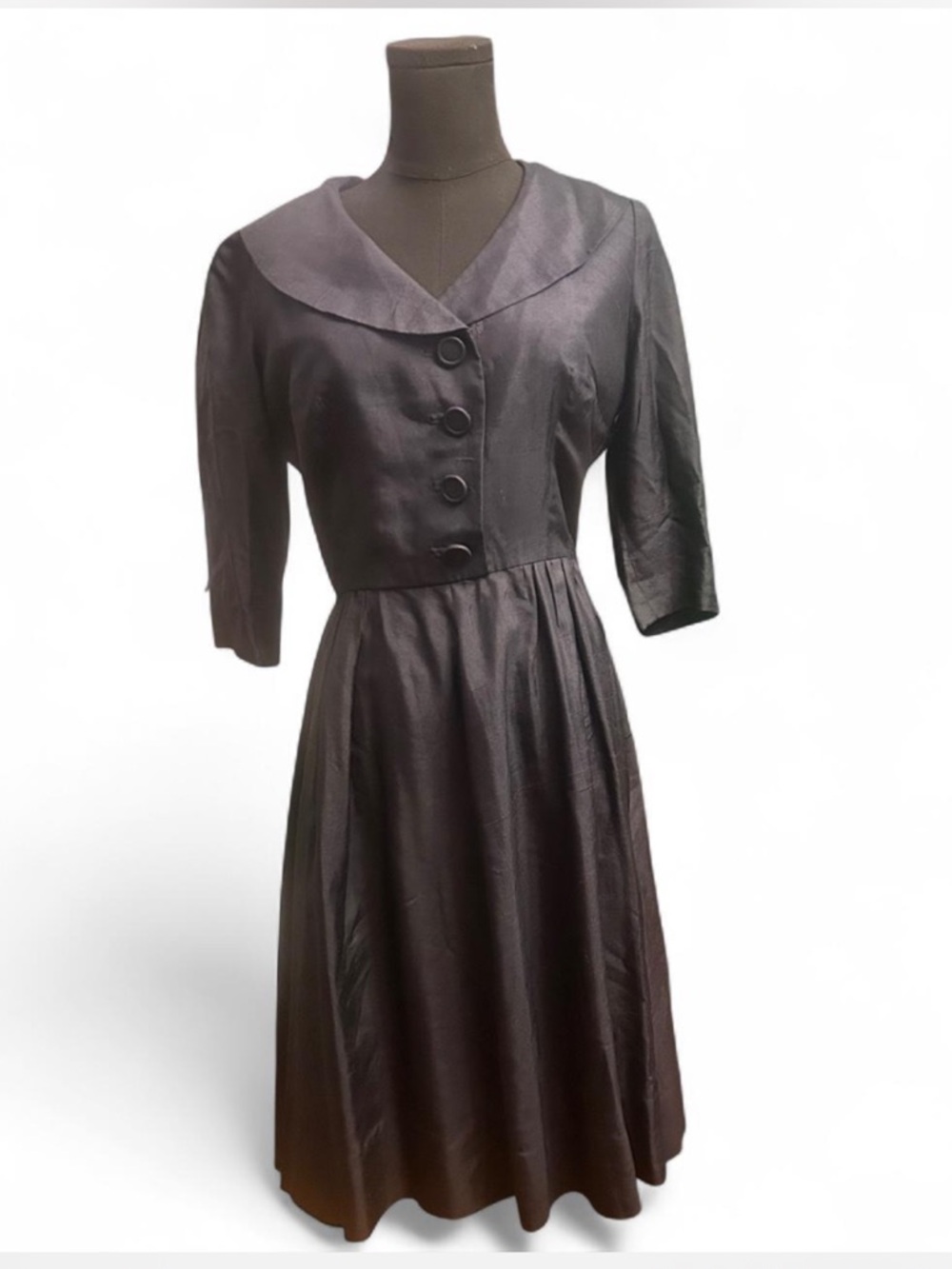 Raw Silk Vintage Navy Blue Fit-and-Flare Dress with Sailor Collar & Button Front